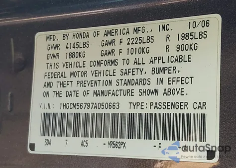 2007 Honda Accord 2.4 Ex from USA, damaged, VIN 1HGCM56797A050663